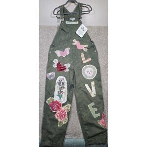 OOAK Magnolia Boho Bib Overalls Jumper Upcycle Cat Floral Wear ART Women's L/XL
